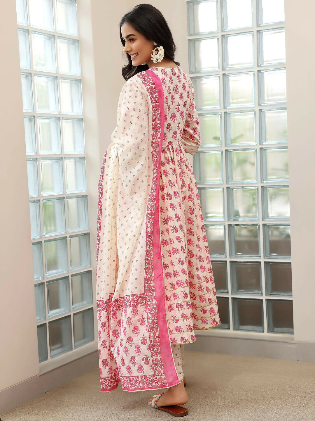 Women's LB Pink Printed Cotton Anarkali Suit With Dupatta