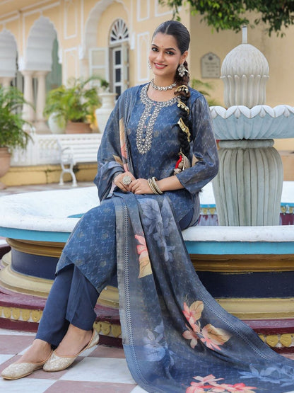 Dhiyona RR Women's Floral Printed Regular Thread Work Pure Cotton Kurta with Trousers & With Dupatta