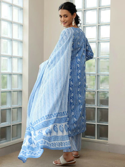 Women's LB Blue Printed Cotton Straight Suit With Dupatta