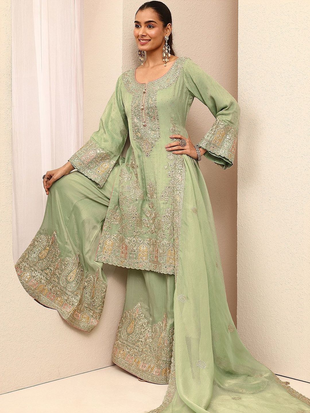 Dhiyona LL Women Ethnic Motifs Embroidered Regular Thread Work Kurta with Palazzos & With Dupatta