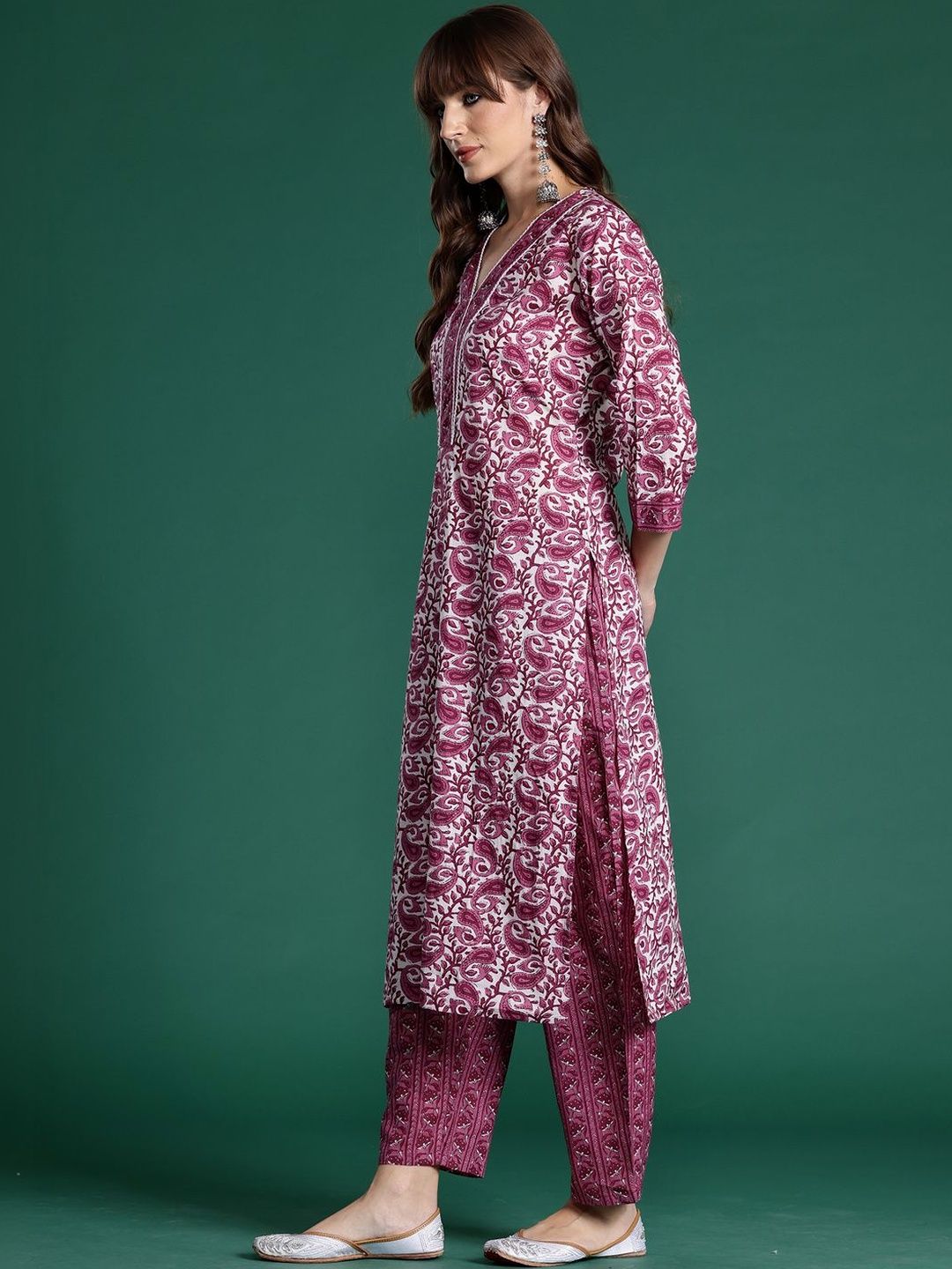 Women Ethnic Motifs Printed Regular Thread Work Pure Cotton Kurta with Trousers