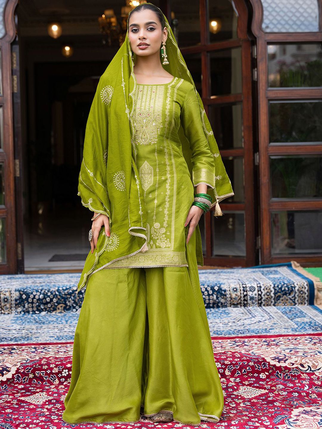 Dhiyona CH Ethnic Motifs Embroidered Thread Work Straight Kurta With Palazzos & Dupatta