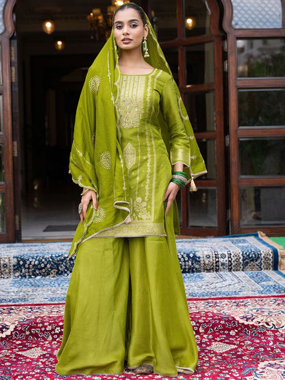 Dhiyona CH Ethnic Motifs Embroidered Thread Work Straight Kurta With Palazzos & Dupatta