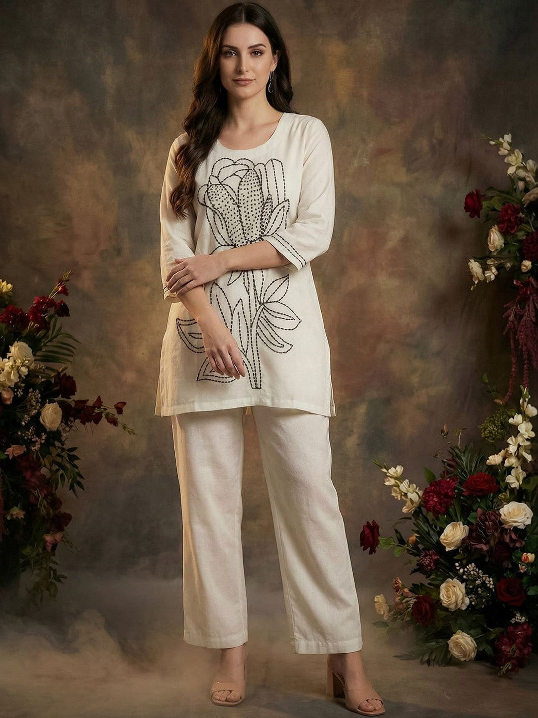Women Floral Embroidered Regular Thread Work Pure Cotton Kurta with Palazzos