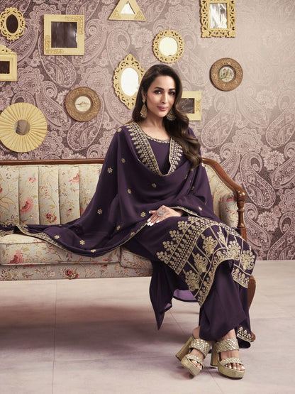 Dhiyona IN Ethnic Motifs Embroidered Georgette Straight Kurta With Palazzos & Dupatta