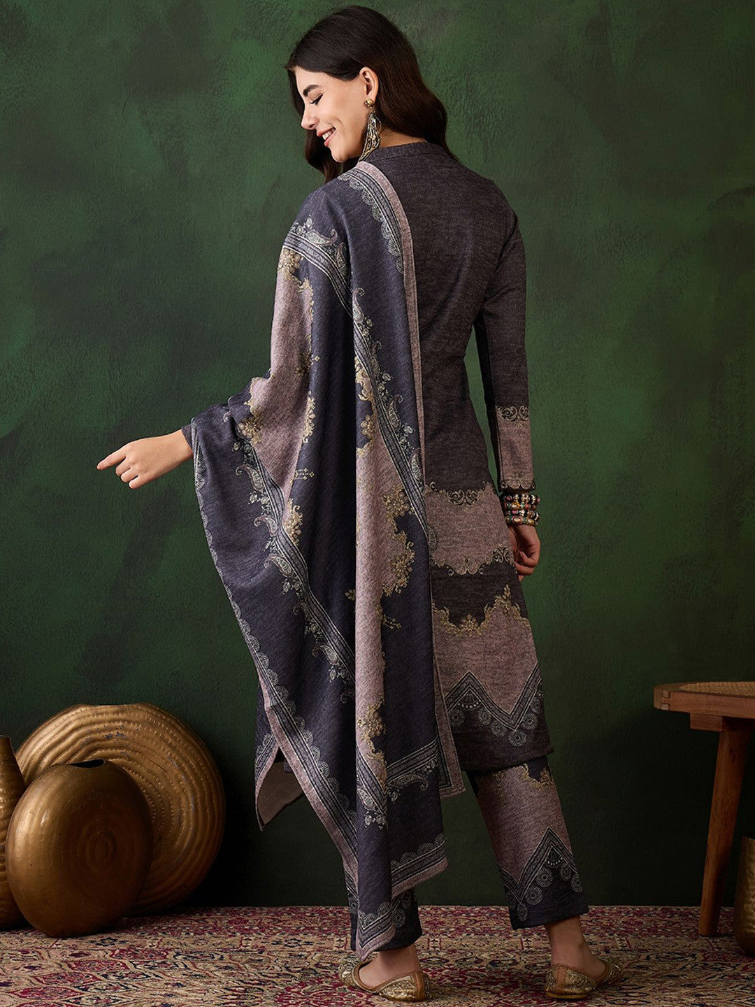 Self-Design Winter Kurta & Trouser With Dupatta