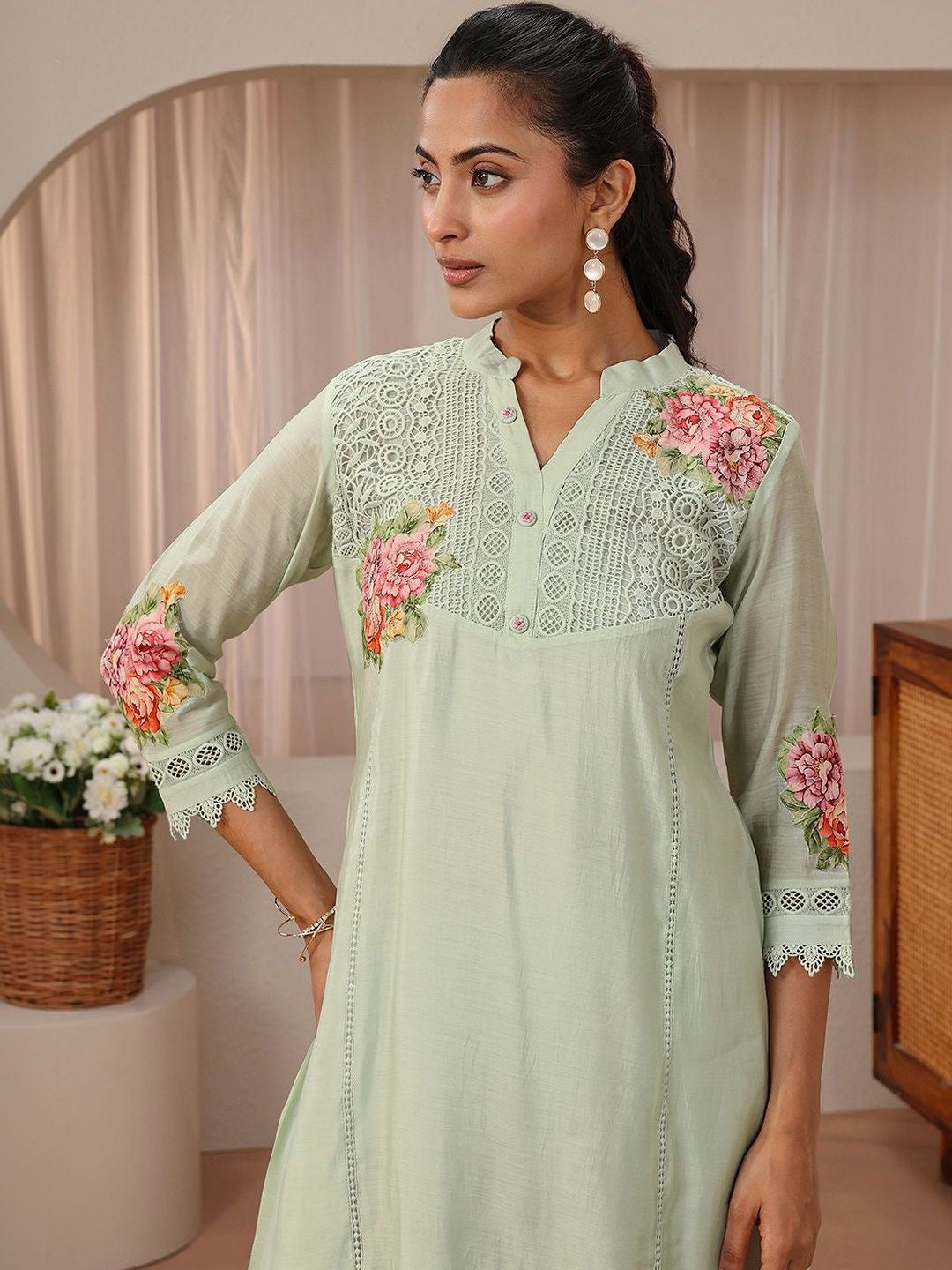Green Floral Embroidered A-Line Kurta Set