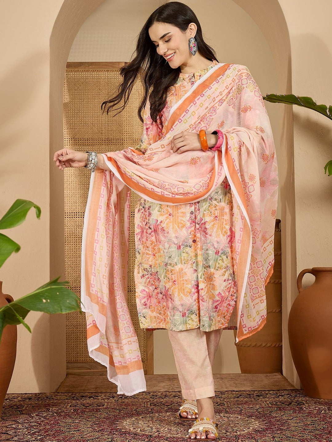 Floral Embroidered Thread Work Pure Cotton Straight Kurta With Trousers & Dupatta