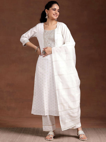 Women's LB White Yoke Design Silk Blend Straight Suit With Dupatta