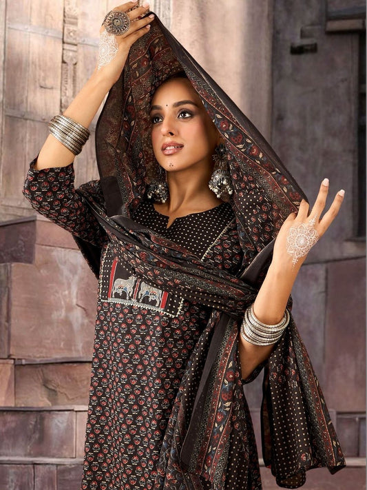 Women Ethnic Motifs Printed Regular Thread Work Pure Cotton Kurta with Trousers & With Dupatta