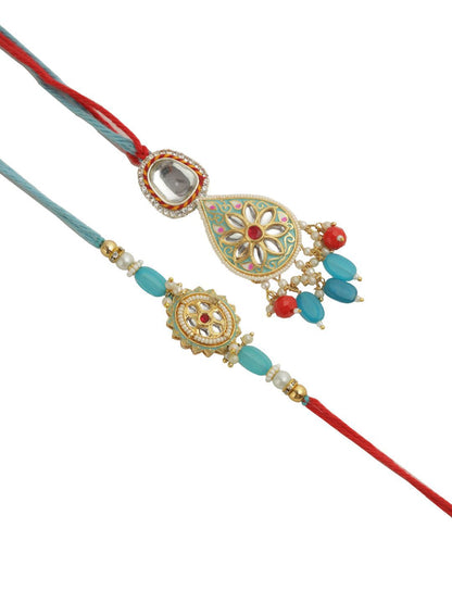 Dhiyona Bhaiya Bhabhi Kundan Studded Enameled Thread Rakhi With Roli Chawal & Greetings Card