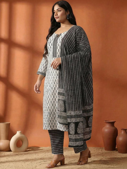 Dhiyona Women's Ethnic Motifs Printed Regular Pure Cotton Kurta with Trousers & With Dupatta