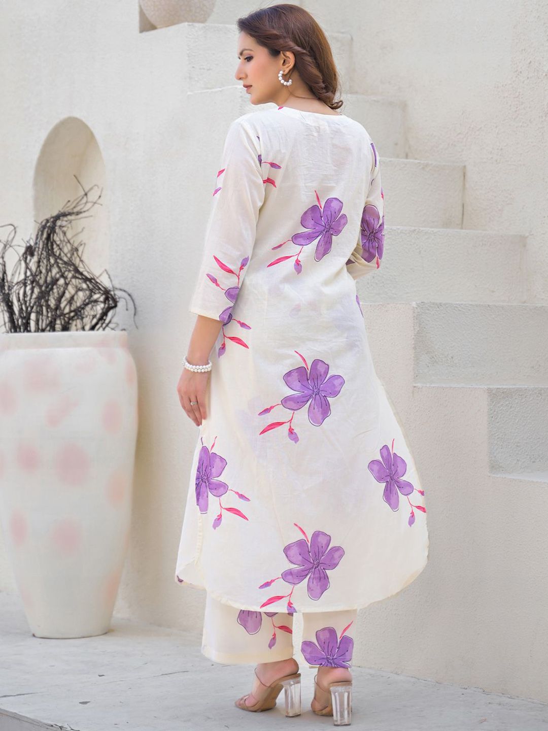 Dhiyona IE Floral Printed Round Neck Pure Cotton Tunic With Palazzo