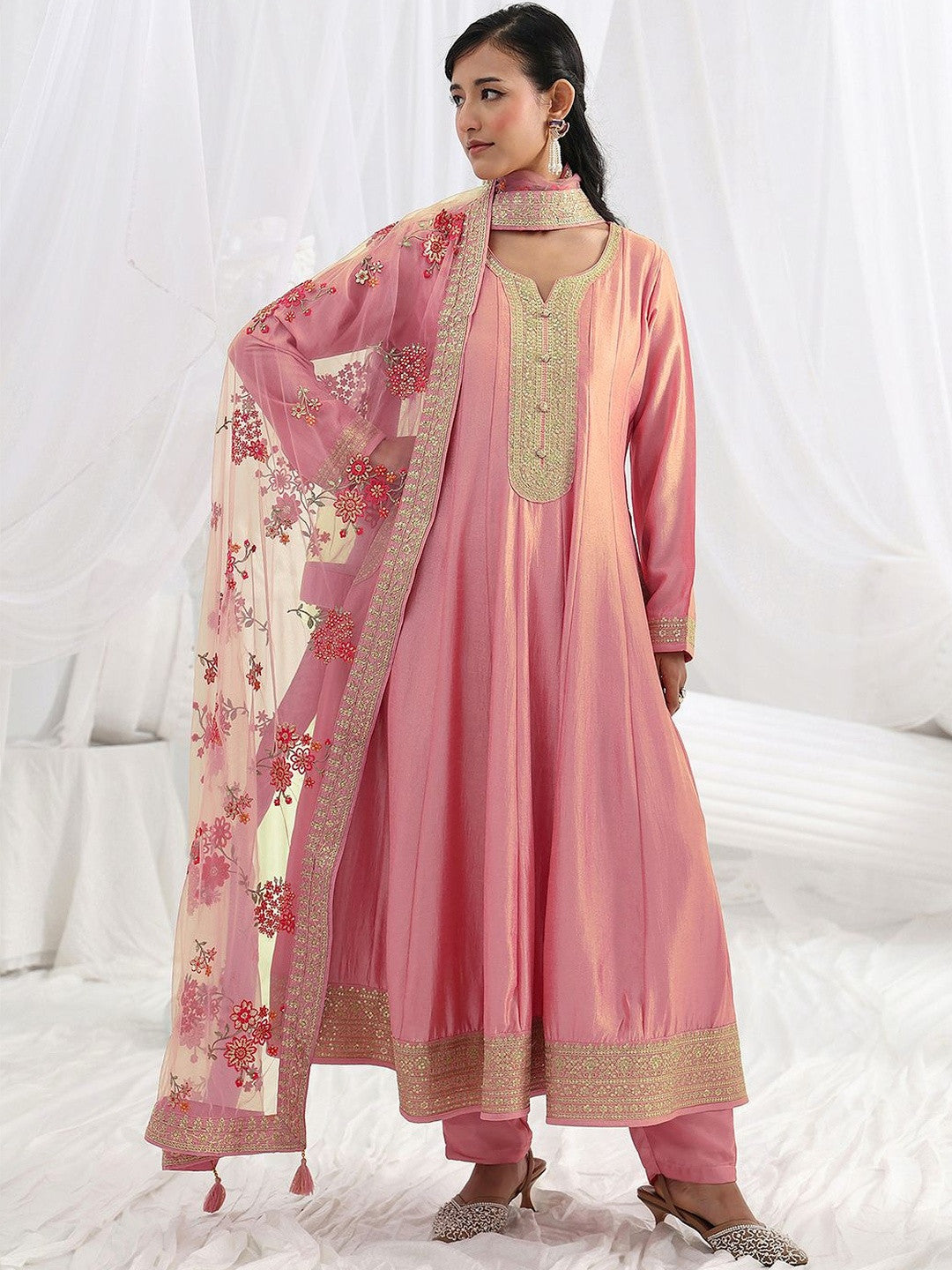 Women Ethnic Motifs Panelled Thread Work Kurta with Trousers & With Dupatta