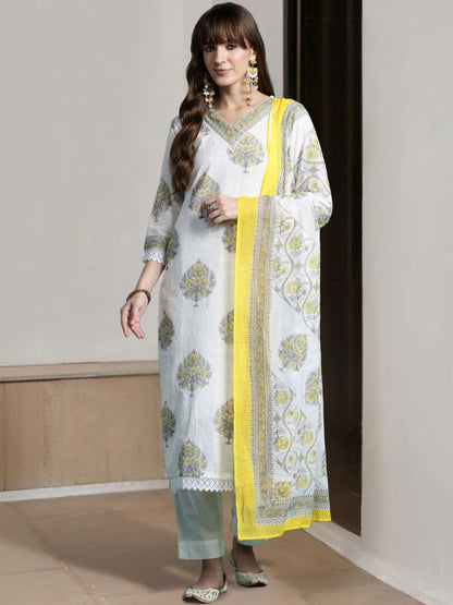 Women Ethnic Motifs Printed Regular Pure Cotton Kurta with Trousers & With Dupatta