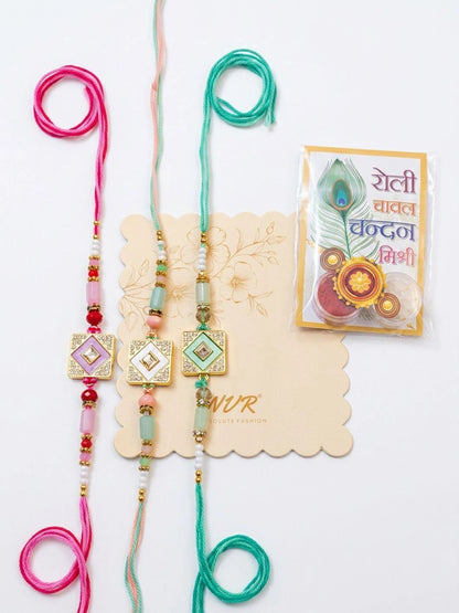 Dhiyona Set Of 3 Multicolor Ad Thread Rakhi With Roli Chawal Chandan Mishri
