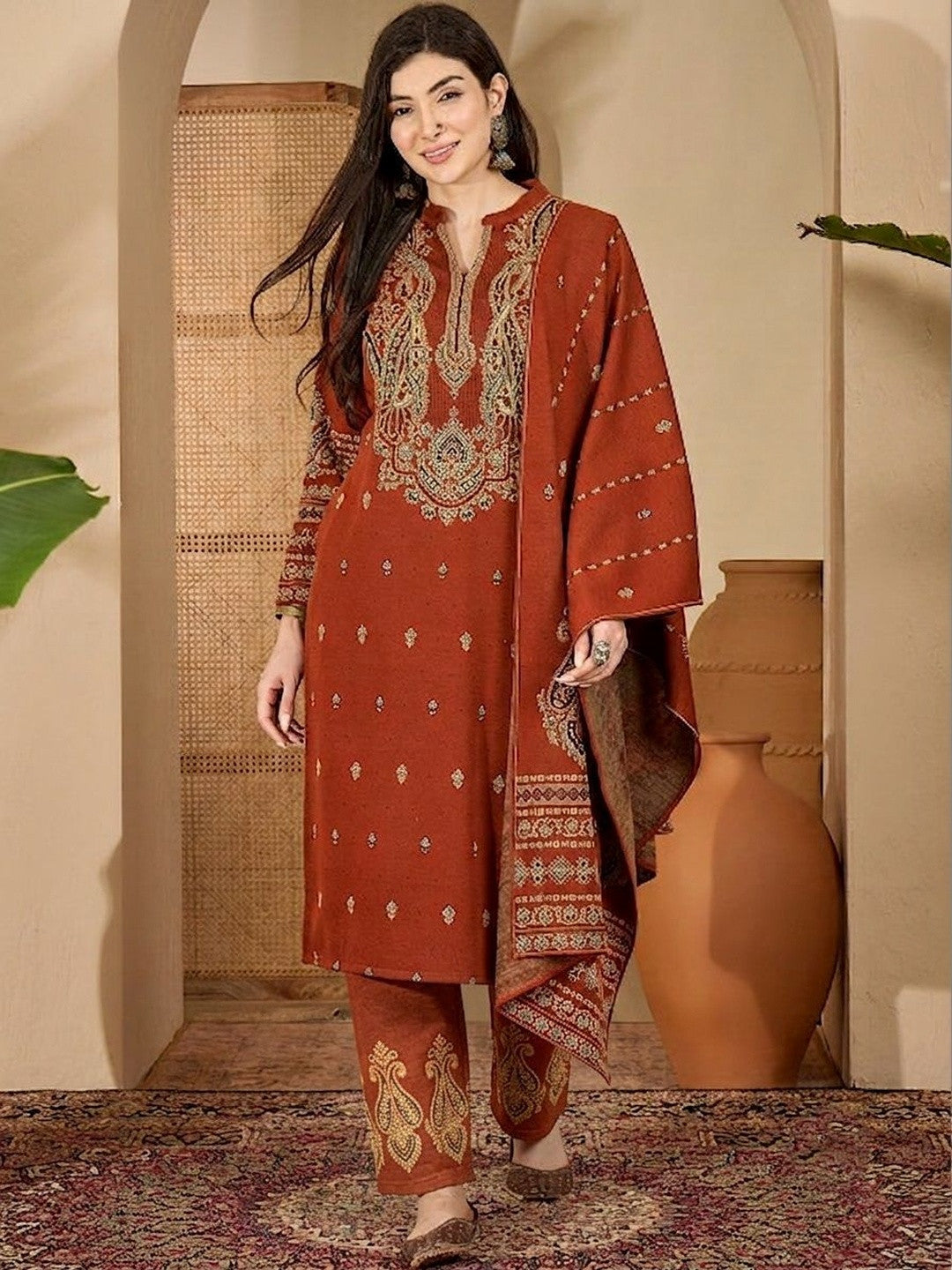 Dhiyona SN Women Paisley Woven Design Mandarin Collar Straight Kurta With Trousers & Dupatta