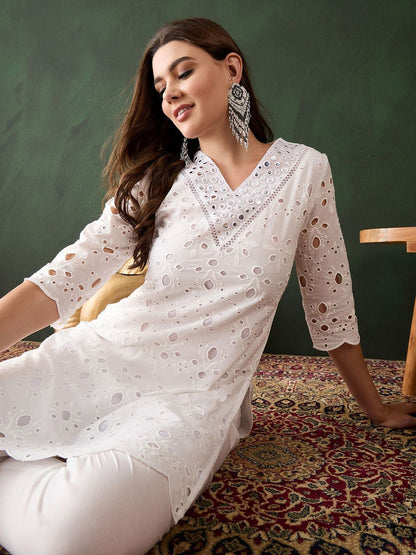 Dhiyona SN Women's White Floral Embroidered V-Neck Mirror Work Pure Cotton Kurta with Trousers