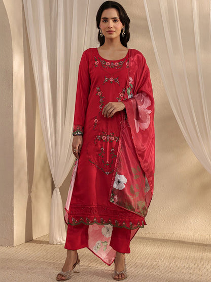 Red Floral Embroidered Straight Suit Set with Dupatta