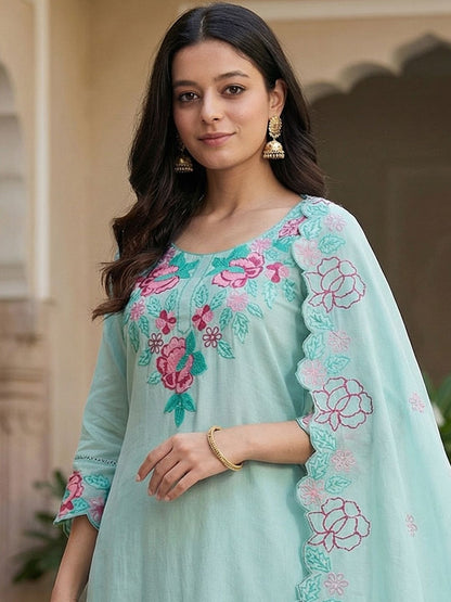 Women Floral Embroidered Regular Thread Work Pure Cotton Kurta with Trousers & With Dupatta