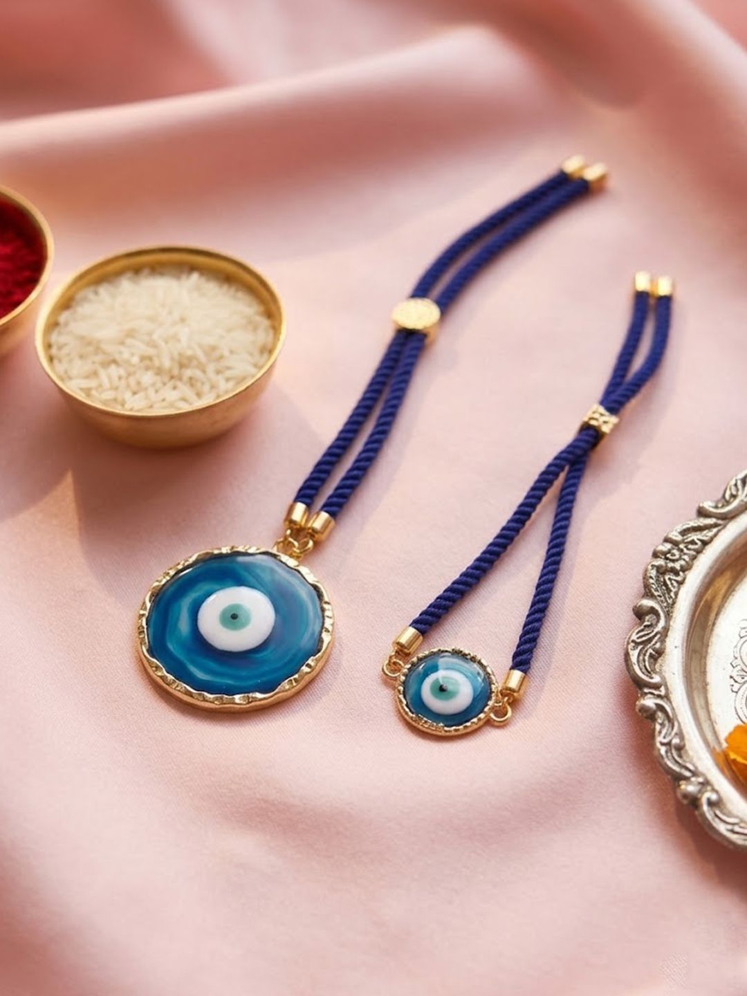 Dhiyona Set Of 2 Blue Evil Eye Resin Design Bhaiya Bhabhi Wraparound Rakhi