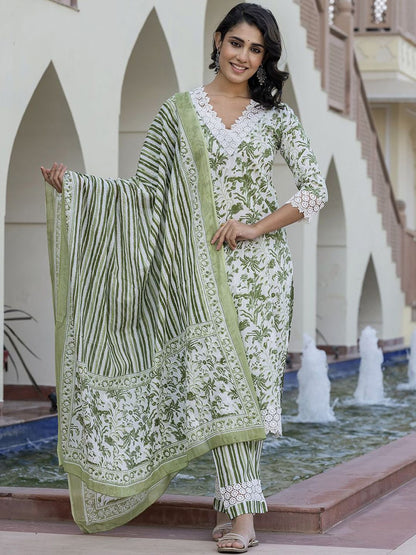 Dhiyona KL Floral Printed Straight Pure Cotton Kurta With Trousers & Dupatta