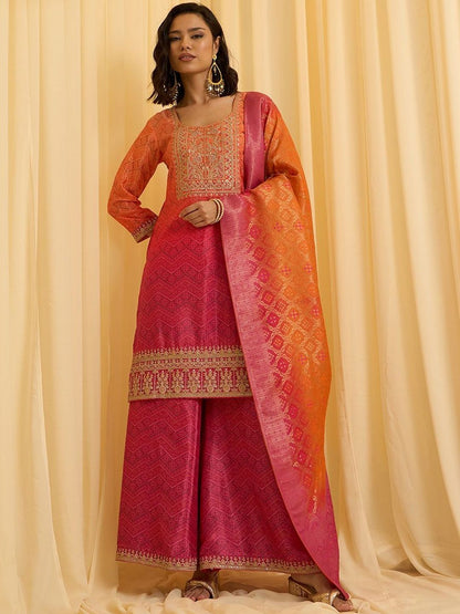 Dhiyona CH Women Ethnic Motifs Embroidered Regular Thread Work Kurta with Palazzos & With Dupatta