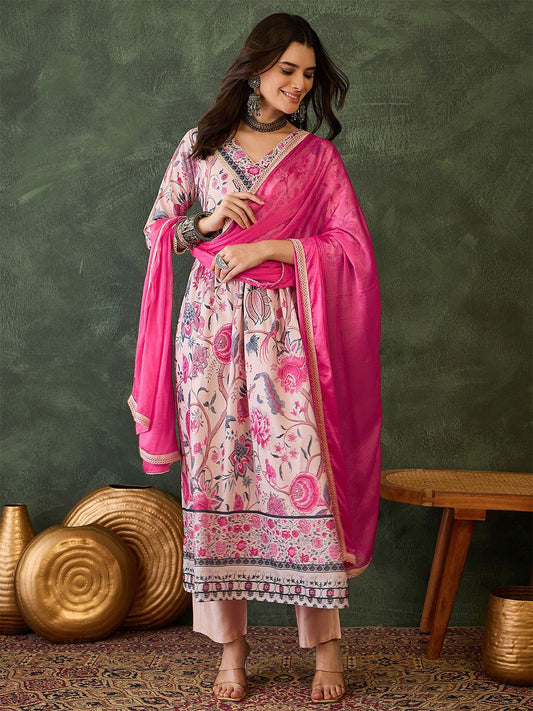 Dhiyona KL Women Floral Printed Pleated Kurta with Trousers & With Dupatta