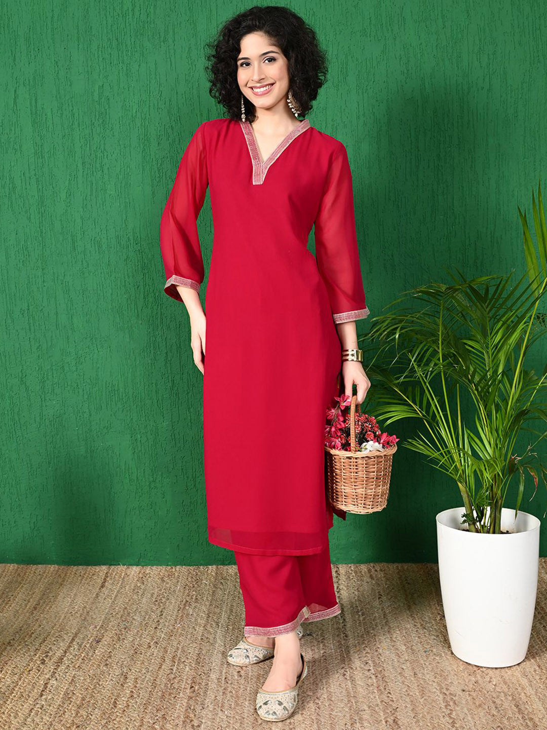 V Neck Three Quarter Sleeves Straight Kurta Sets