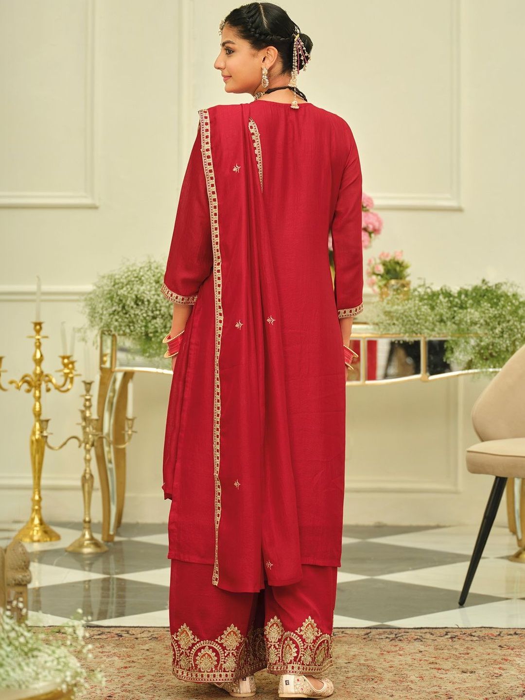 Dhiyona IE Women Ethnic Motifs Embroidered Regular Kurta with Palazzos & With Dupatta