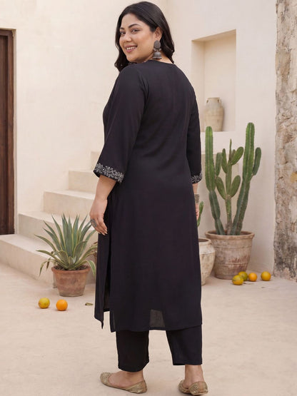 Plus Size Black Embroidered Straight Kurta Trousers Set