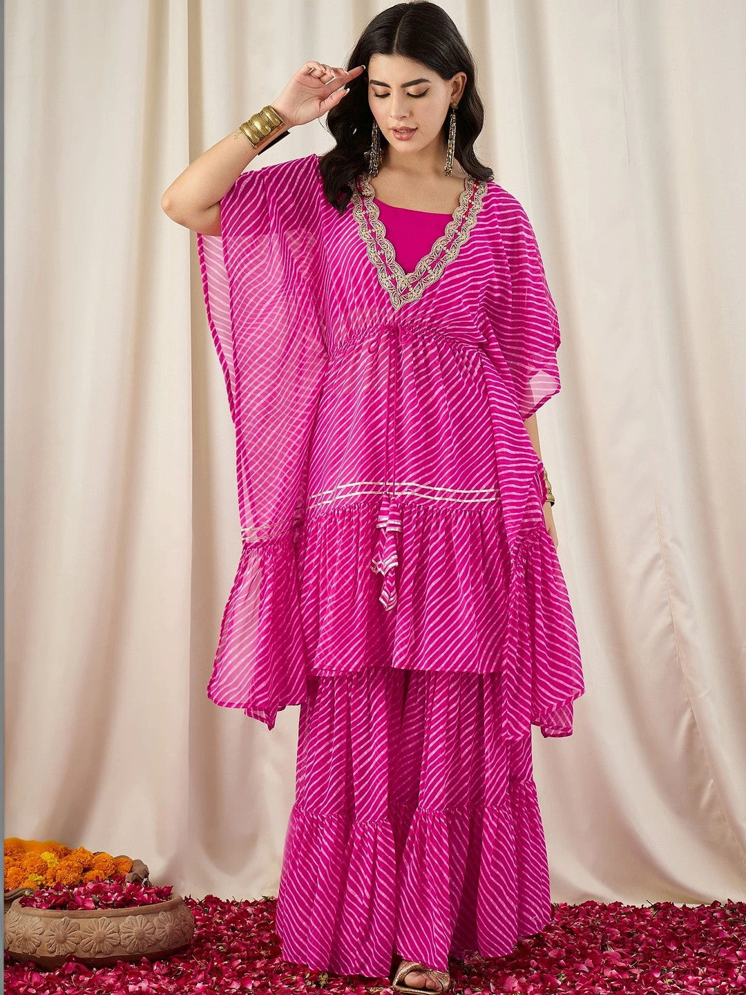 Women Striped Regular Thread Work Kurta with Sharara
