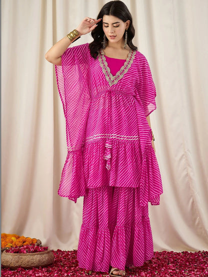 Women Striped Regular Thread Work Kurta with Sharara