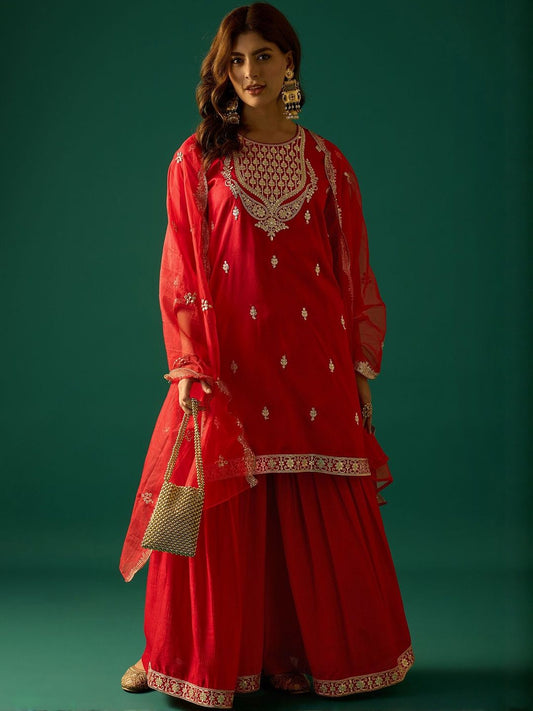 Dhiyona VA Ethnic Motifs Embroidered Zari Kurta With Sharara & Dupatta