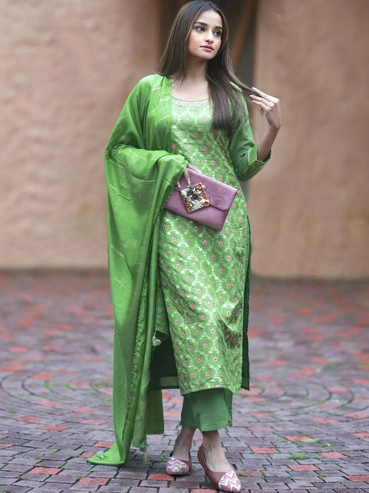 Woven Design Straight Kurta With Trousers & Dupatta