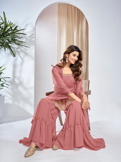 Dhiyona IN Women Floral Embroidered Regular Thread Work Kurta with Sharara & With Dupatta