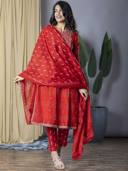Dhiyona KL Bandhani Printed Thread Work Pure Cotton Kurta With Trousers & Dupatta