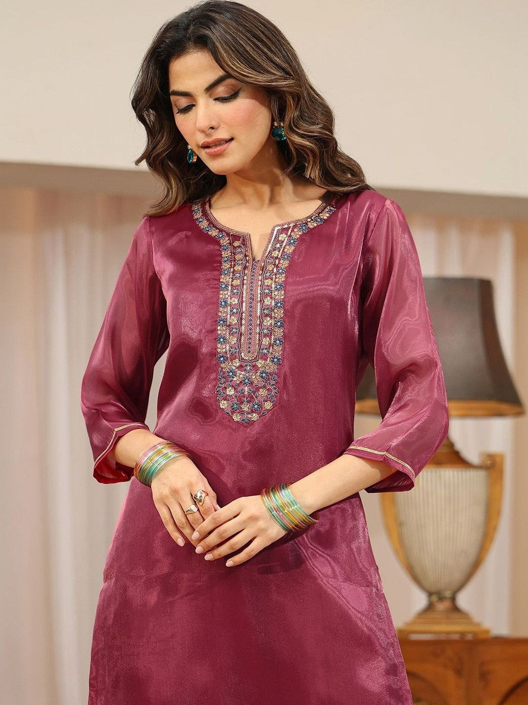 Libas Maroon Yoke Design Tissue Straight Suit Set