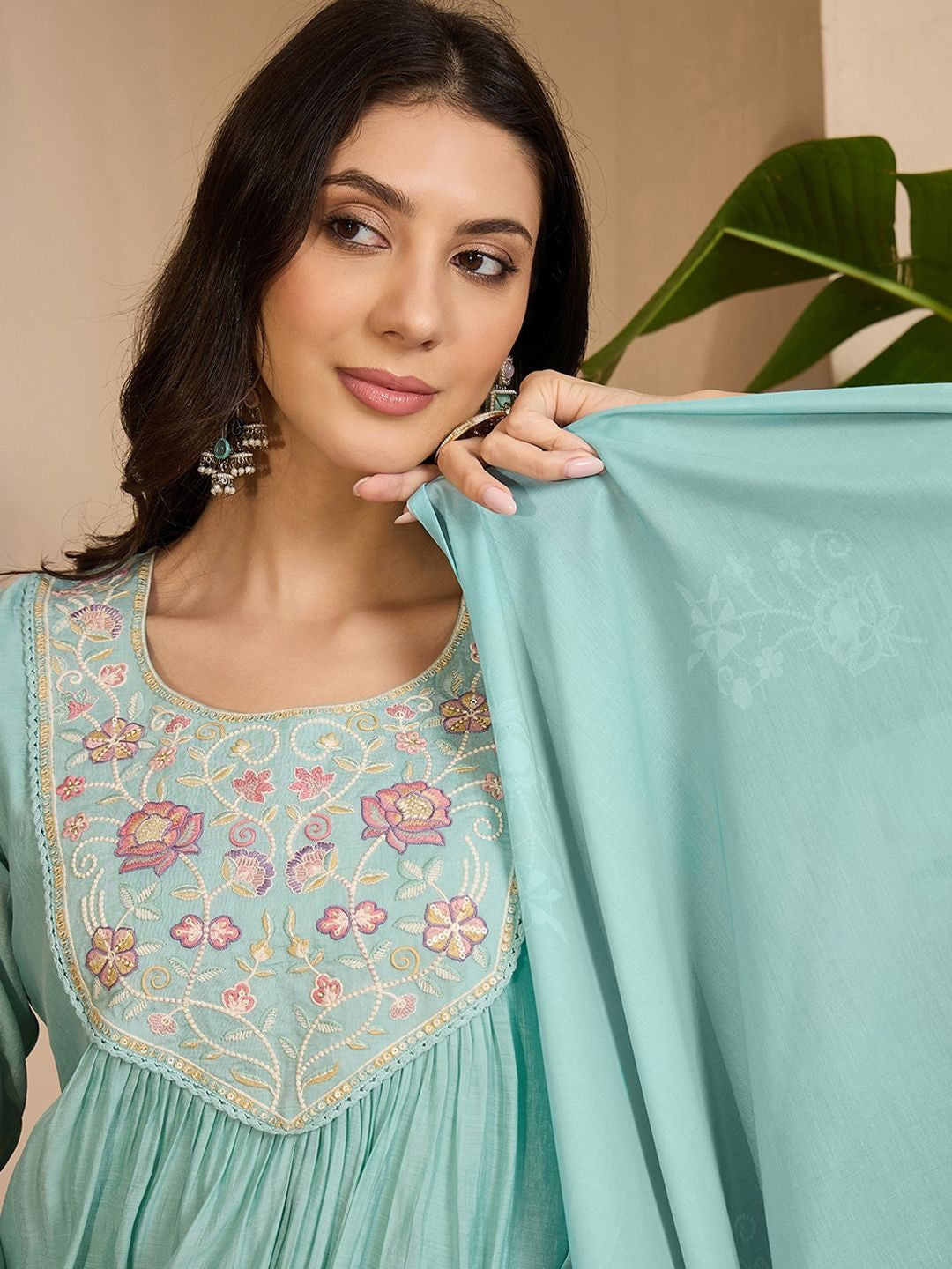 Sequence Thread Embroidered Round Neck Kurta & Trousers with Dupatta Set