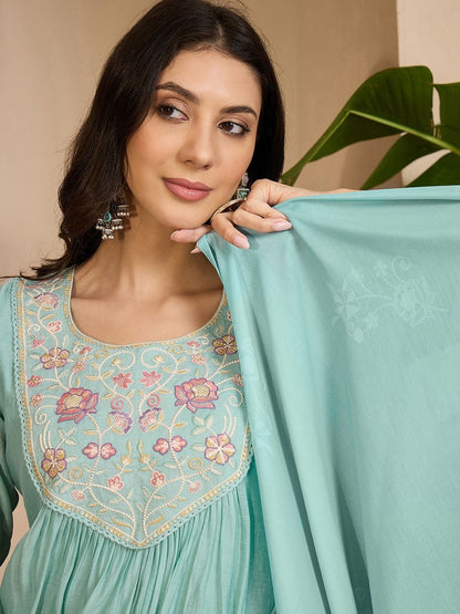 Sequence Thread Embroidered Round Neck Kurta & Trousers with Dupatta Set