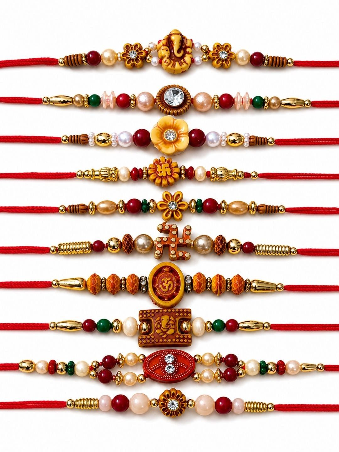 Dhiyona Set Of 10 Artificial Stones & Beads Thread Rakhi With Roli Chawal Chandan Mishri