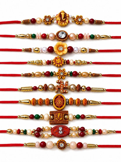 Dhiyona Set Of 10 Artificial Stones & Beads Thread Rakhi With Roli Chawal Chandan Mishri