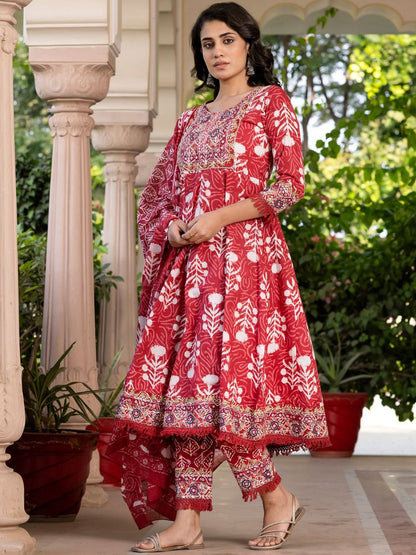 Dhiyona KL Floral Printed Mirror Work Pure Cotton Anarkali Kurta With Trouser & Dupatta
