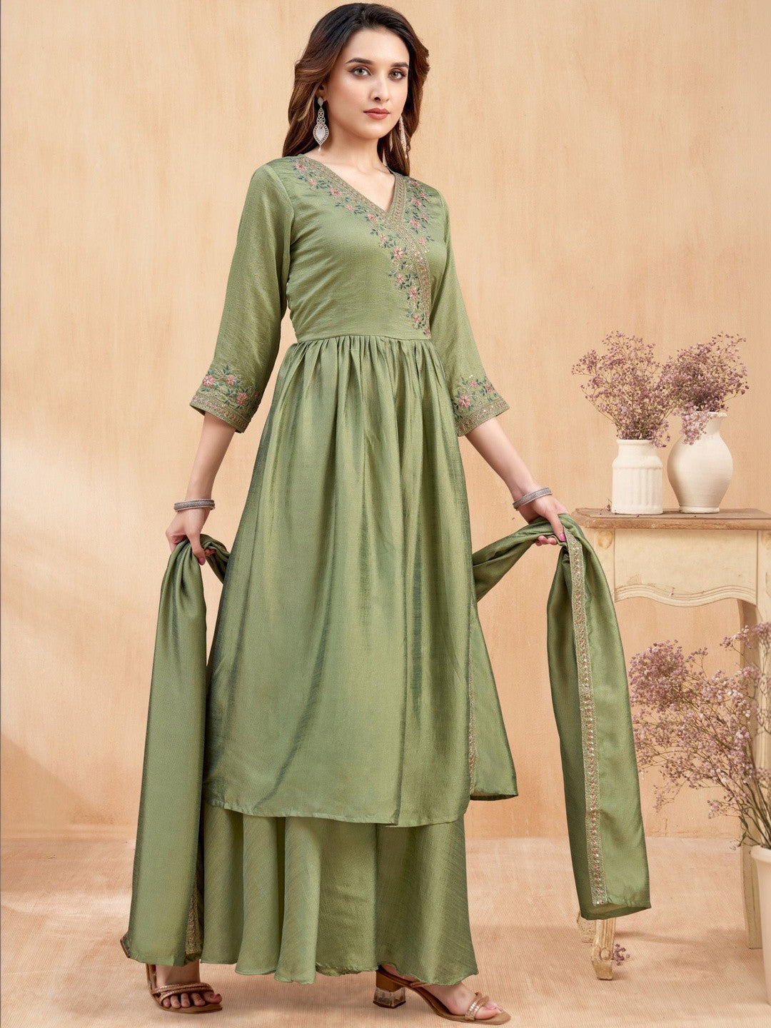 Embroidered V-Neck Kurta Trousers & Dupatta