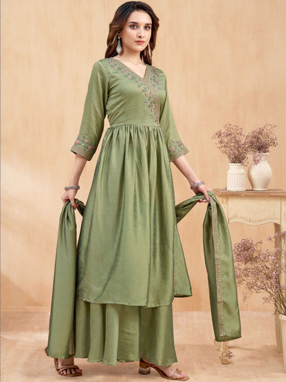 Embroidered V-Neck Kurta Trousers & Dupatta