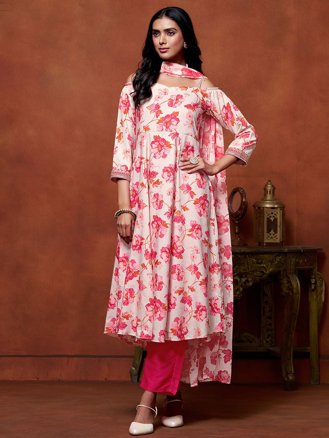 Floral Printed Off Shoulder Anarkali Kurta With Trousers And Dupatta