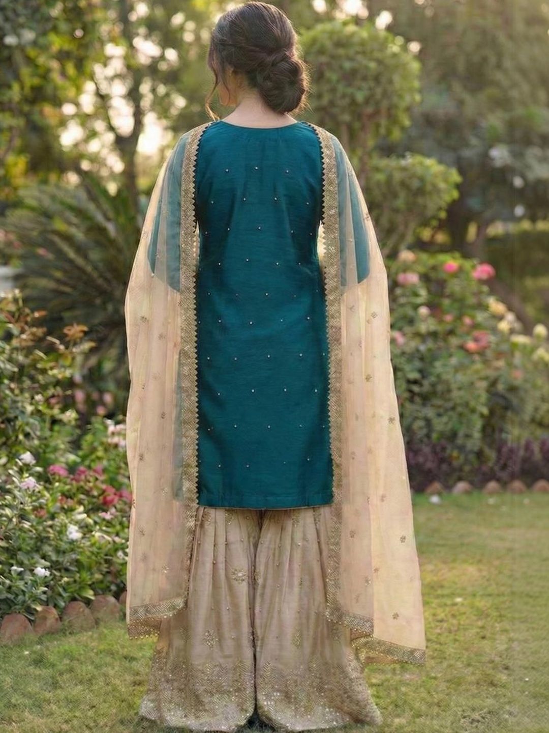 Dhiyona KL Women Ethnic Motifs Embroidered Regular Gotta Patti Kurta with Sharara & With Dupatta