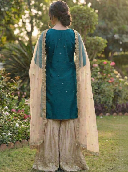 Dhiyona KL Women Ethnic Motifs Embroidered Regular Gotta Patti Kurta with Sharara & With Dupatta