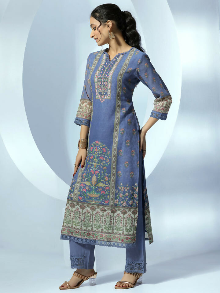 Women's LB Blue Printed Linen Straight Suit With Dupatta