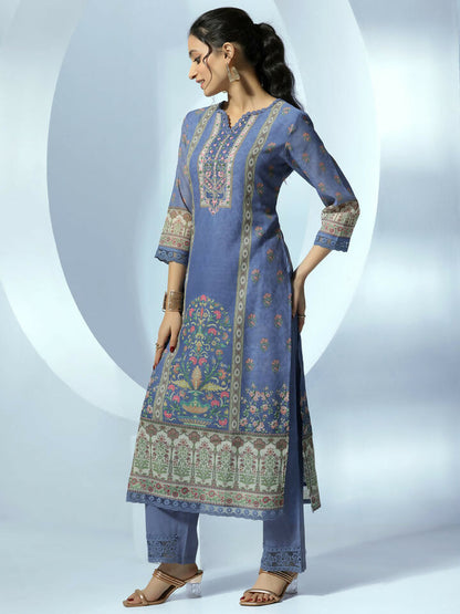 Women's LB Blue Printed Linen Straight Suit With Dupatta